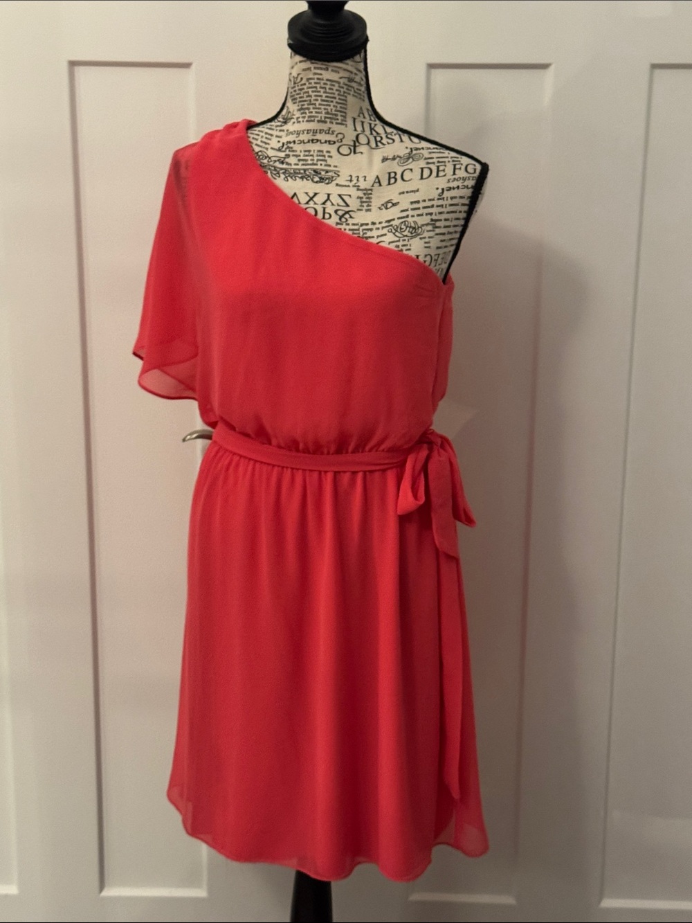 Express One-Shoulder Coral-Red Dress with Side Tie